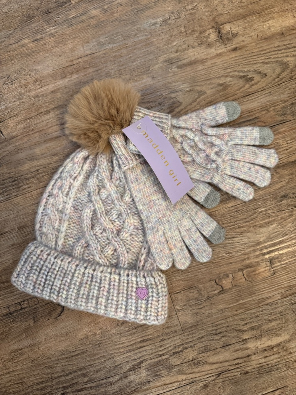 Madden Girl Girls Multicolor Knit Pom Pom Hat with Matching Gloves